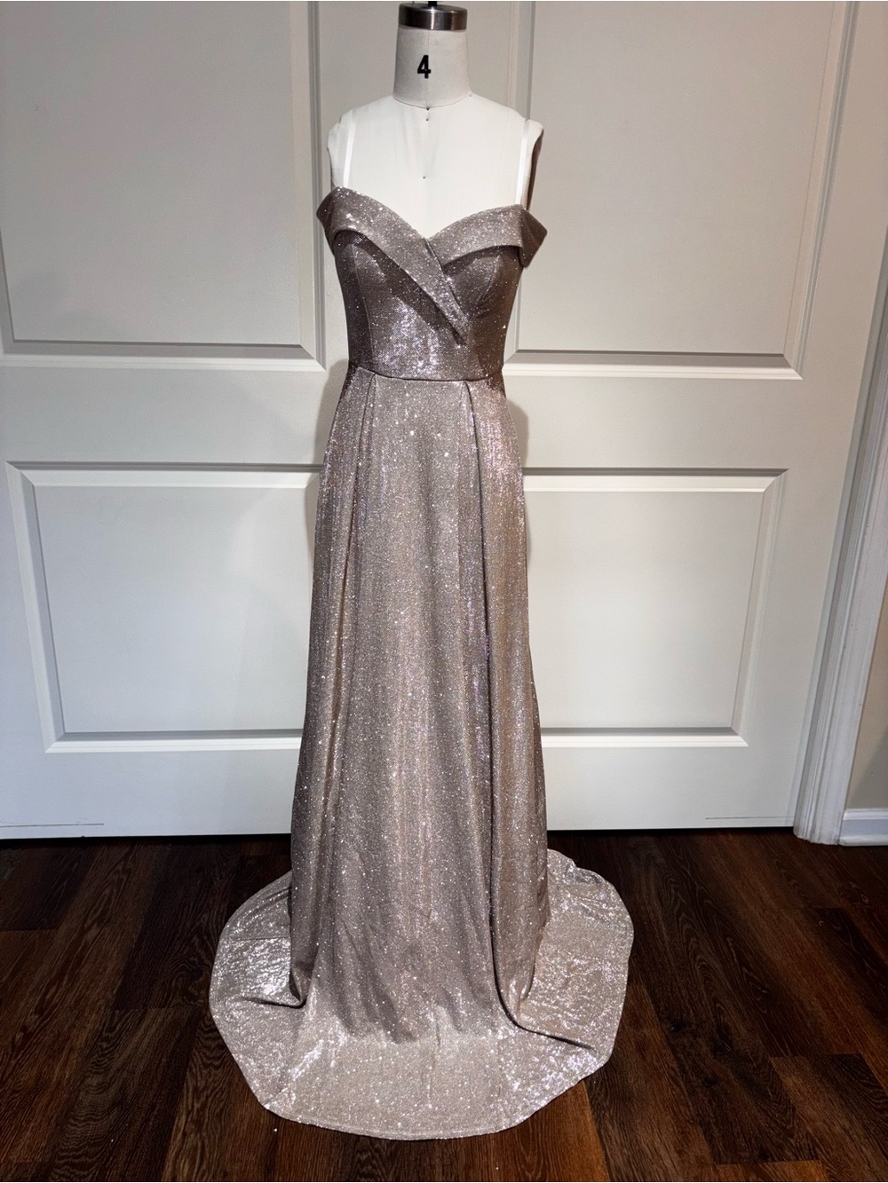 B. Smart  champagne Off-Shoulder Glitter Gown